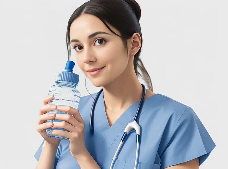 a caring nurse holding a water bottle, symbolizing hydration and wellness.