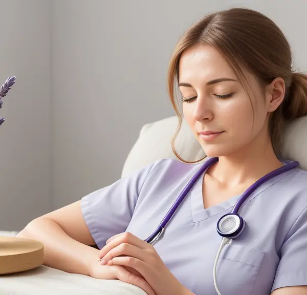 A nurse in a peaceful setting, using an aromatherapy diffuser. The diffuser is emitting a soothing mist infused with visible elements of lavender, eucalyptus, and chamomile. The nurse is relaxing, with her eyes closed as she breathes in the calming aromas.