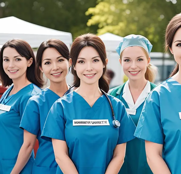 A group of nurses in blue scrubs volunteering and posing for a photo.