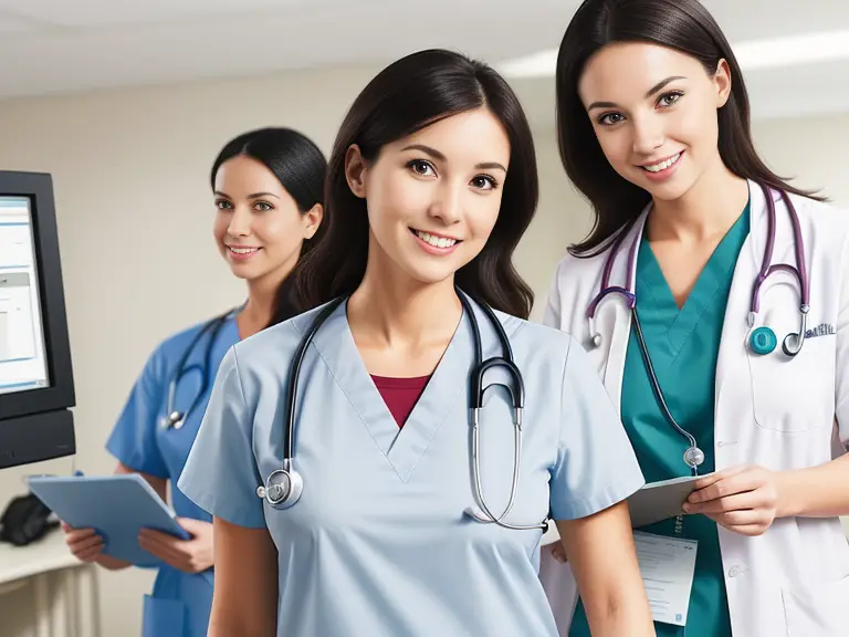 Three female nurses demonstrating setting boundaries in nursing while standing in front of a computer.