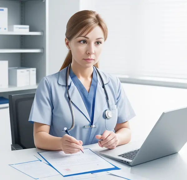 A nurse using a decision-making process while prioritizing patient care, showcasing professionalism and efficiency.