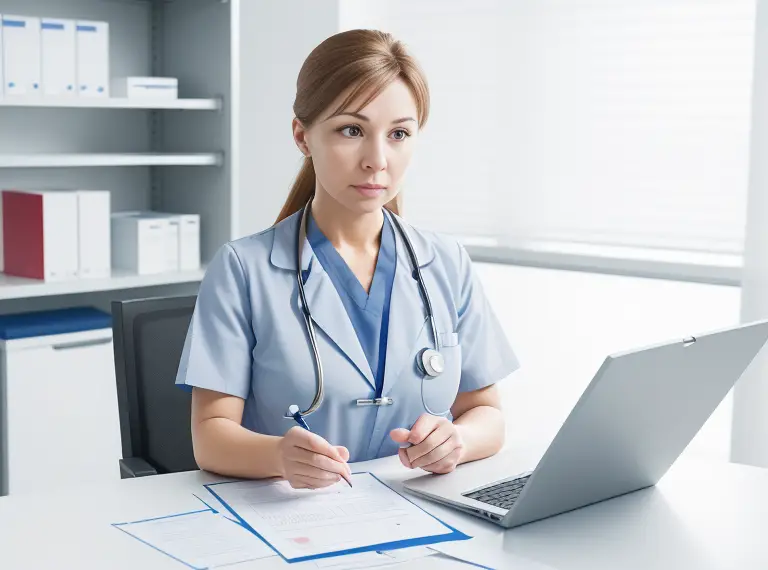 A nurse using a decision-making process while prioritizing patient care, showcasing professionalism and efficiency.