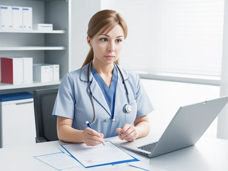 A nurse using a decision-making process while prioritizing patient care, showcasing professionalism and efficiency.