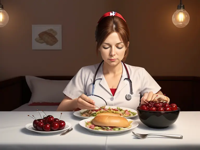 A nurse sitting at a table, having a meal composed of sleep-promoting foods, such as a bowl of cherries, a turkey sandwich, or a glass of warm milk. The background is showing a nighttime bedroom scene, symbolizing the connection between the meal and sleep.