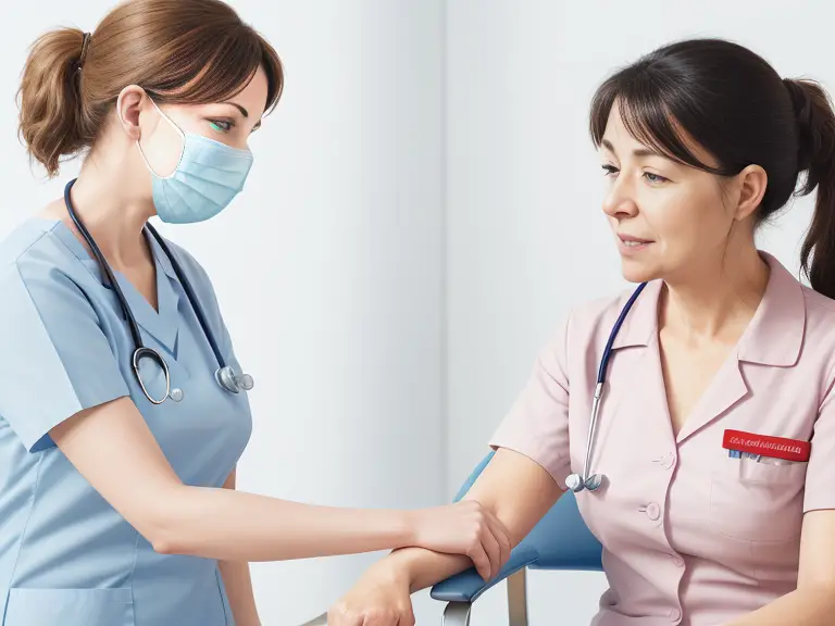 A nurse interacting with a patient in a professional, empathetic, yet detached manner. The nurse should be demonstrating a compassionate demeanor while maintaining distance. Visual metaphors like a subtle line or a faint barrier could be used to indicate the concept of professional boundaries.