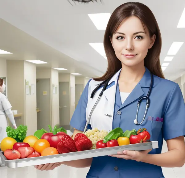 A nurse in her uniform, holding a tray full of healthy foods such as fruits, vegetables, lean proteins, and whole grains. The background can include a bustling hospital scene to indicate her work environment.