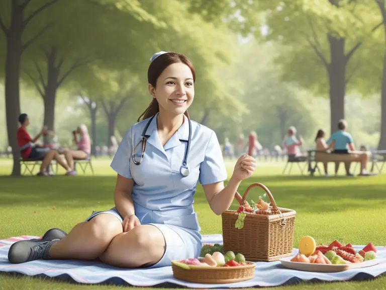 A nurse participating in multiple recreational outdoor pursuits. One could observe her relishing a delightful picnic amidst the radiant ambiance of a park.