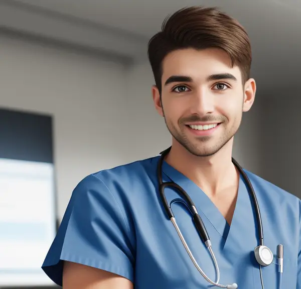 A male nurse in scrubs standing in front of a monitor.