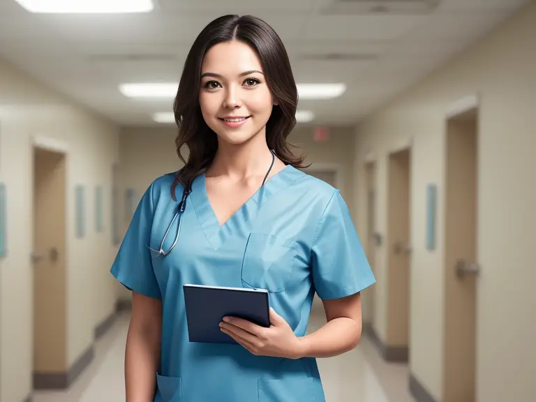 A nurse holding a clipboard in a hospital hallway.