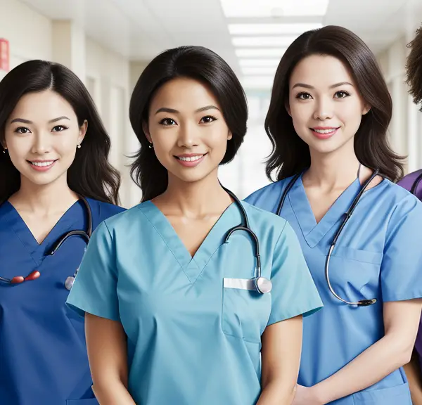 A group of female nurses wearing scrubs standing in a hallway.