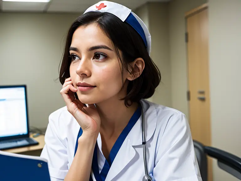 A nurse is sitting in front of a computer, fully engaged in her work.