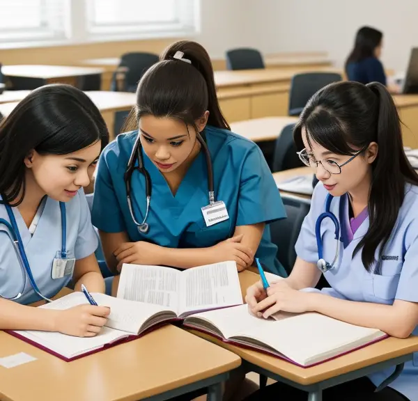 A group of nursing students studying in a classroom.