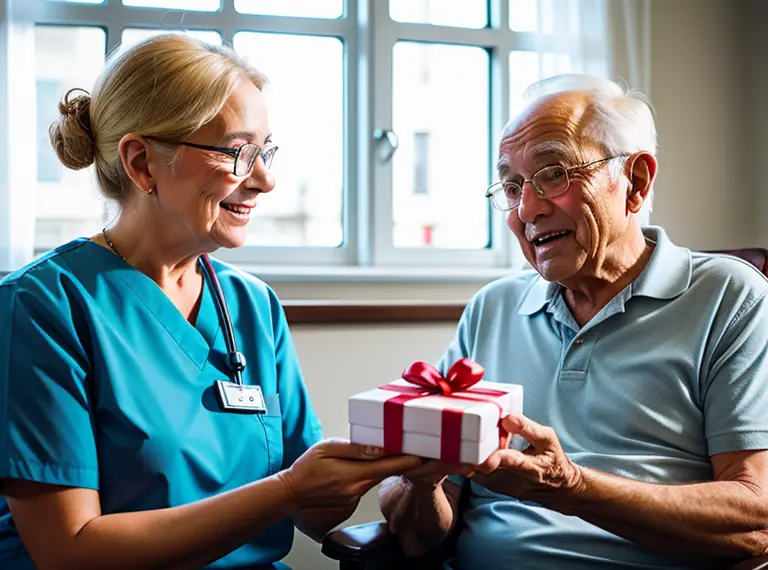 A elderly man is giving a gift to a nurse.