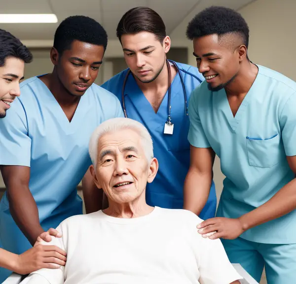 A group of nurses attending a patient in a hospital bed.