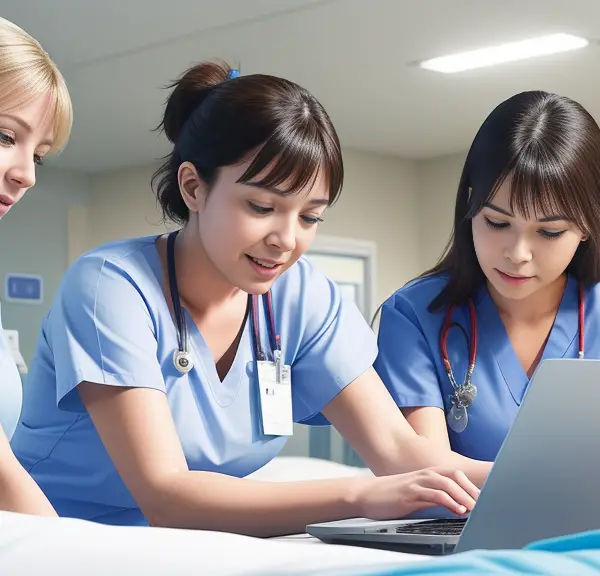 Three nurses working on a laptop in a hospital bed discussing if a new grad nurse can work in the ICU.