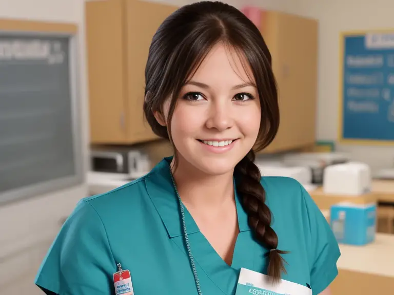 A nurse in a blue uniform standing in a classroom.