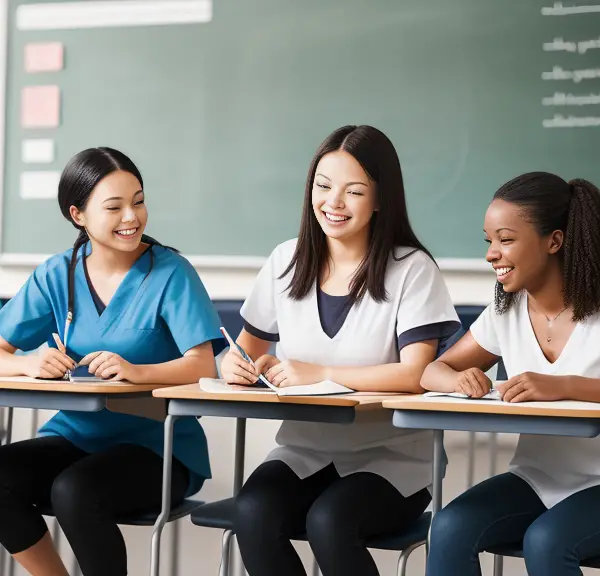 A group of nurses sitting at a desk in a classroom.