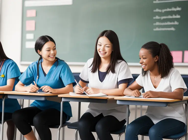 A group of nurses sitting at a desk in a classroom.