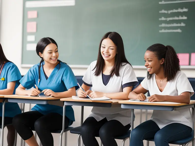 A group of nurses sitting at a desk in a classroom.