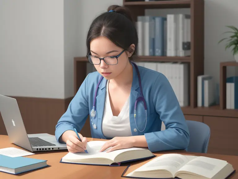 A female doctor working at a desk with a laptop.