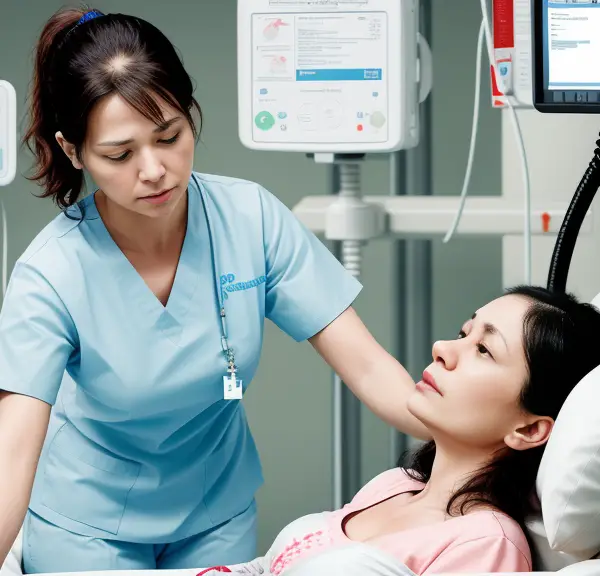 A woman in the intensive care unit (ICU) nursing bed.