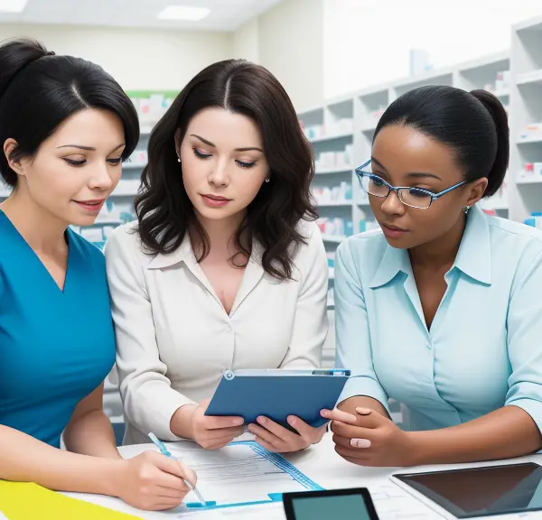 Three pharmacists looking at a tablet in a pharmacy.