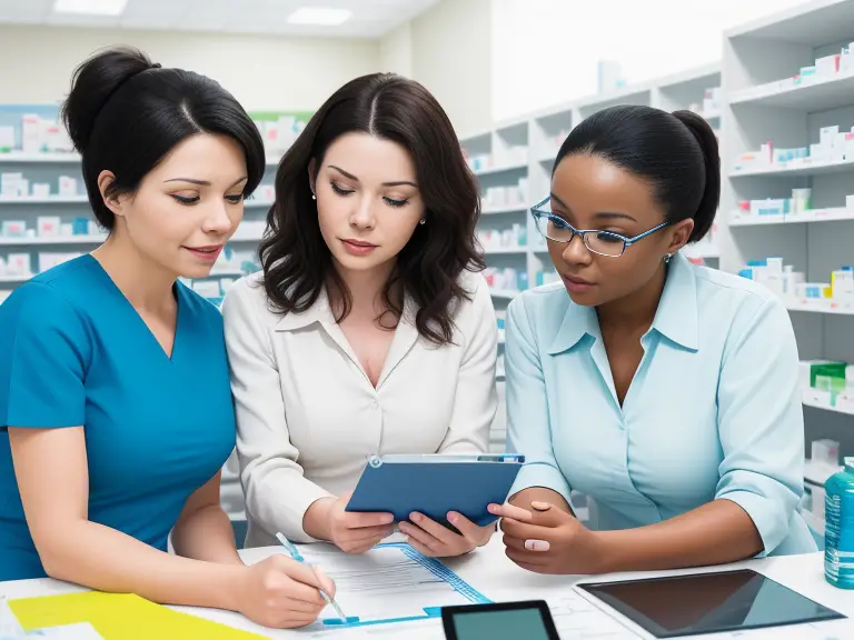 Three pharmacists looking at a tablet in a pharmacy.