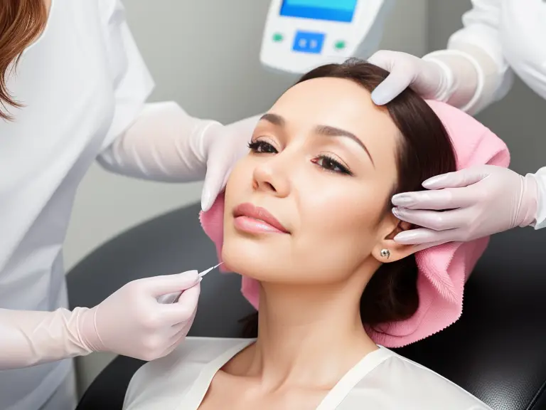 A woman is getting a facial treatment at a cosmetic clinic, considering tipping etiquette for Botox.