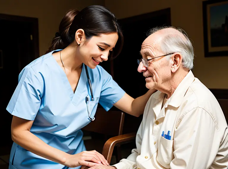 A PCNA is conversing with an elderly man.