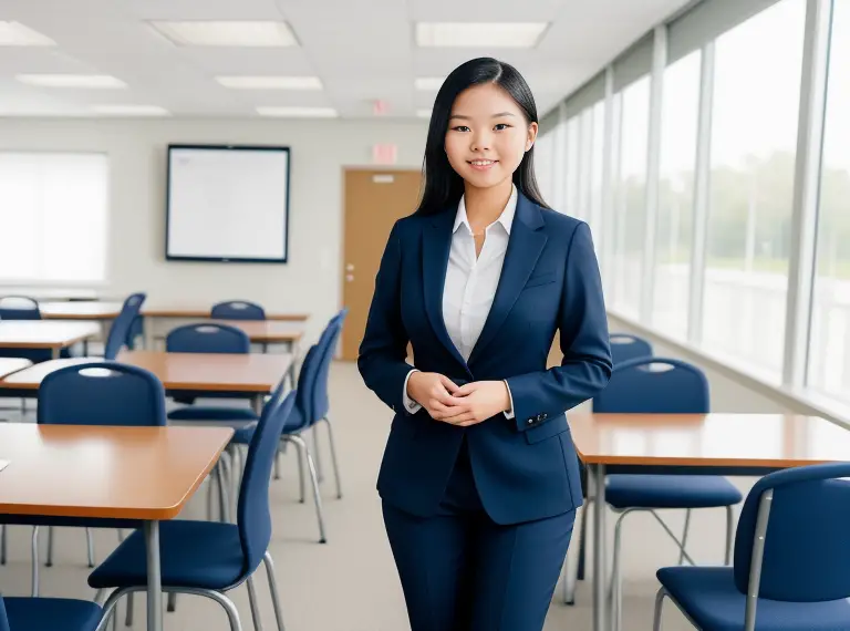 A young asian woman in a business suit attending a nursing school orientation.