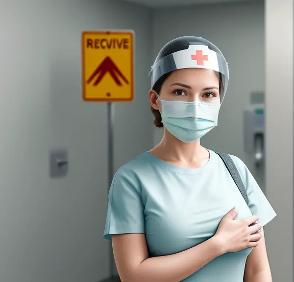 A nurse in a surgical mask standing in an elevator, wondering about the return to work for nurses with C Diff.