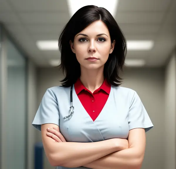 A nurse standing in a hallway with her arms crossed.