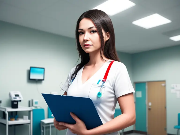 A female nurse standing in a hospital room holding a clipboard.