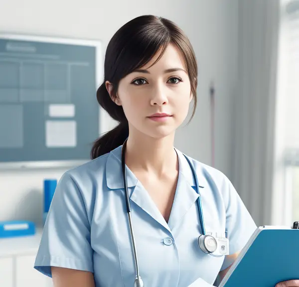 A female nurse holding a clipboard in an office specializing in ADHD.