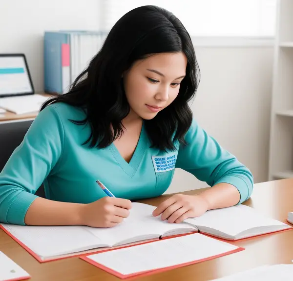 An asian woman writing in a notebook at a desk.