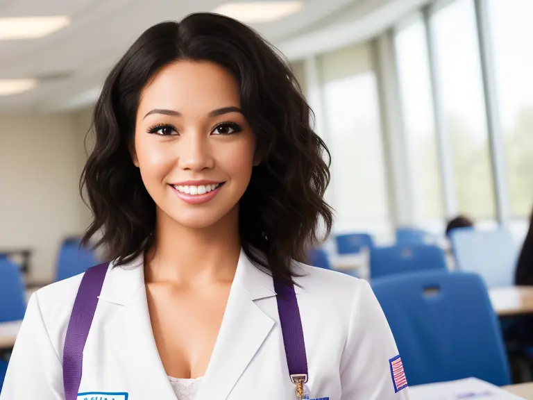 A young woman in a white coat is smiling in a classroom.