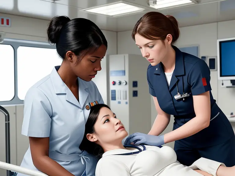 A nurse is examining a woman in a hospital bed.