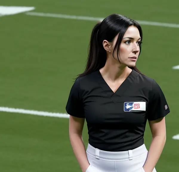 A female referee standing on a football field.