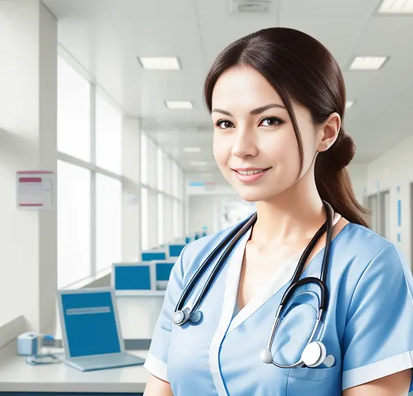 A female nurse is standing in a hospital room - Nurse, hospital.