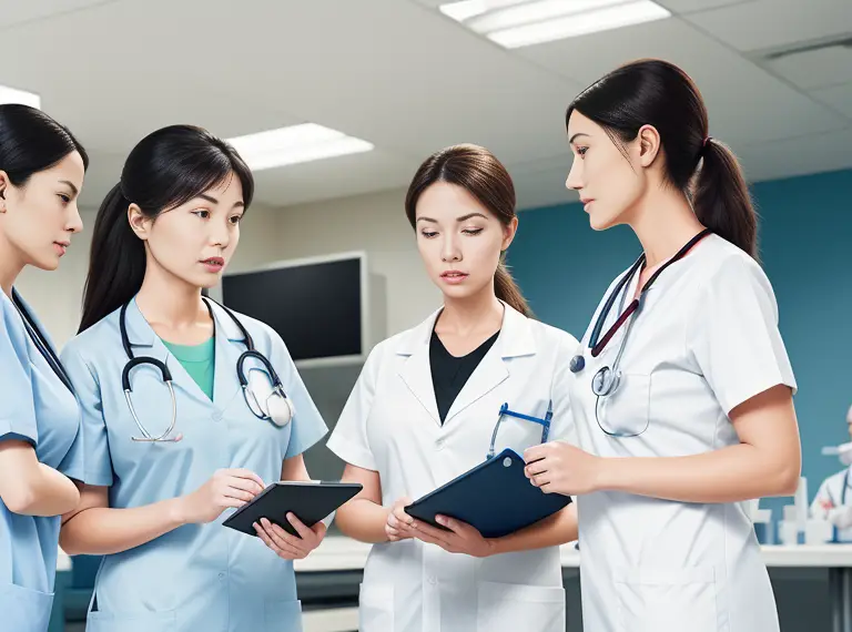 A group of doctors discussing the intersection of nursing and science in a hospital.