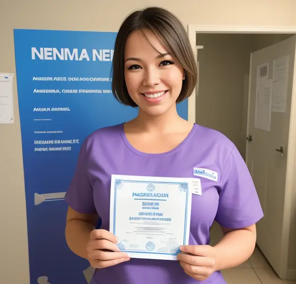 A woman holding a certificate in a purple shirt.