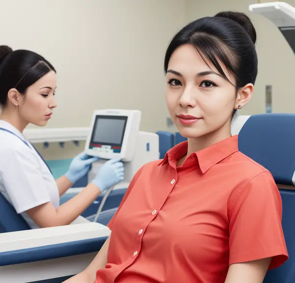 A woman sitting in a dental chair.