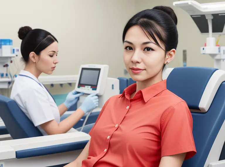 A woman sitting in a dental chair.