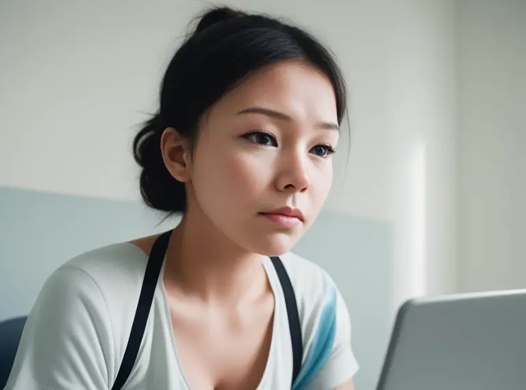 A young woman looking at her laptop.