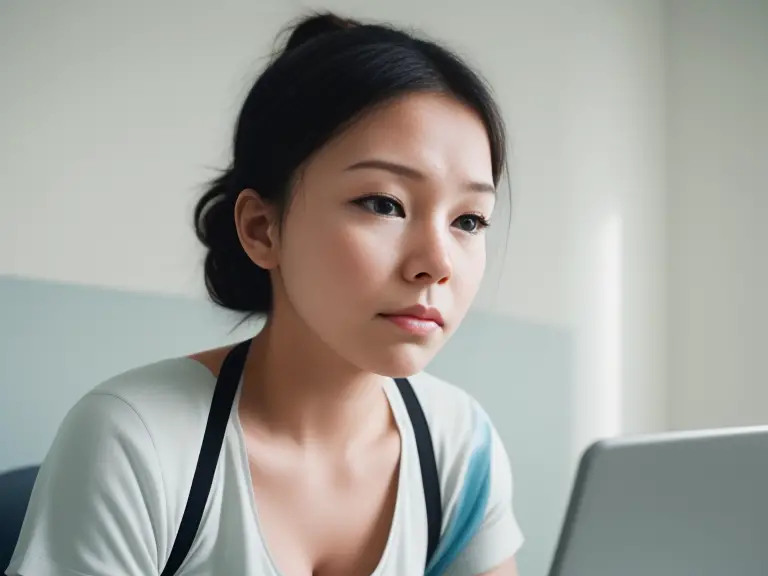 A young woman looking at her laptop.