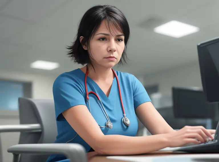 A nurse sitting at a desk with a laptop.