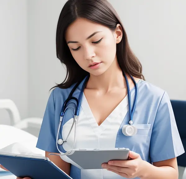 A female nursing student is facing challenges while using a tablet in a hospital bed.