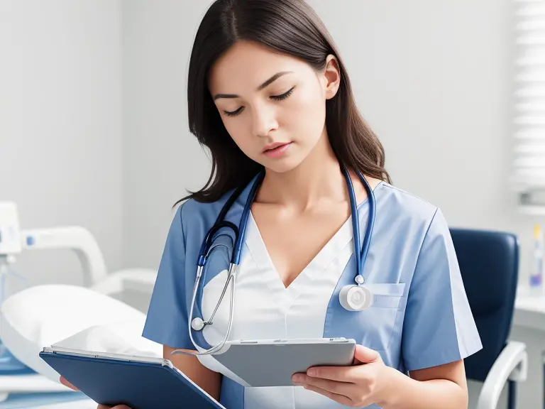 A female nursing student is facing challenges while using a tablet in a hospital bed.