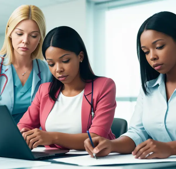 A group of medical professionals working on a laptop.