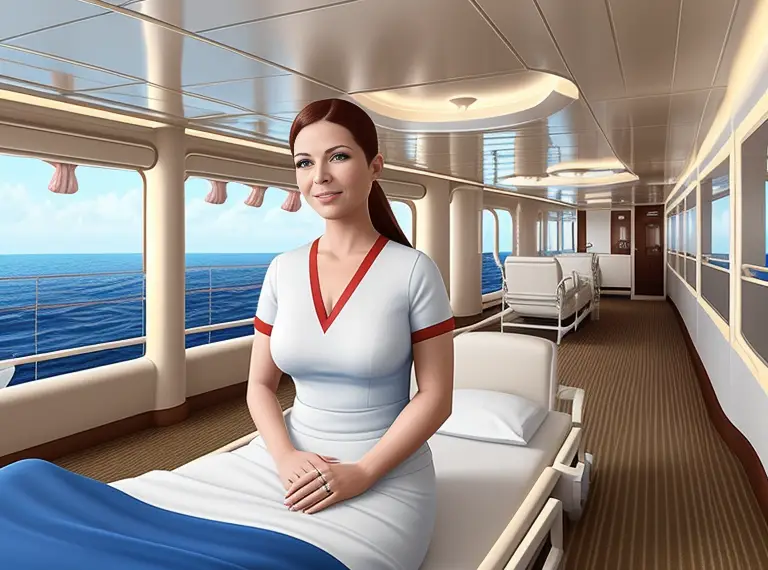 A woman is sitting in a bed on a cruise ship.